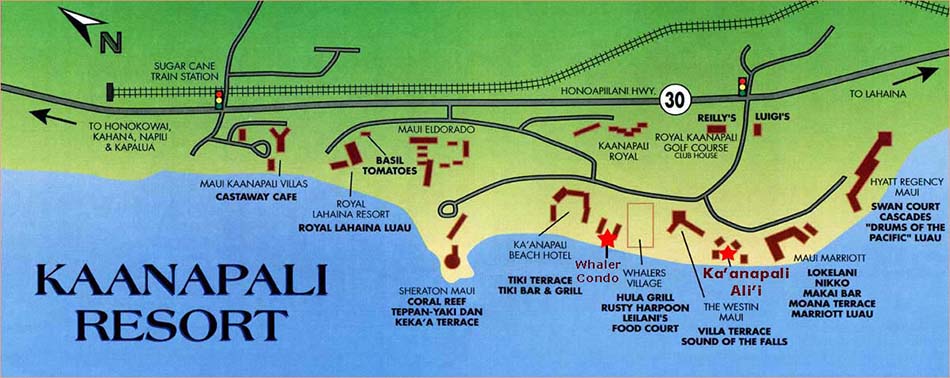 Map of the Kaanapali Resort, The Whaler, Ka'naapali-Alii in Maui, Hawaii.