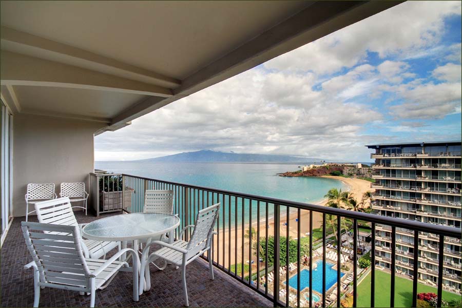Private access to luxury Whaler condo lanai overlooking the resort on Kaanapali Beach, Maui.